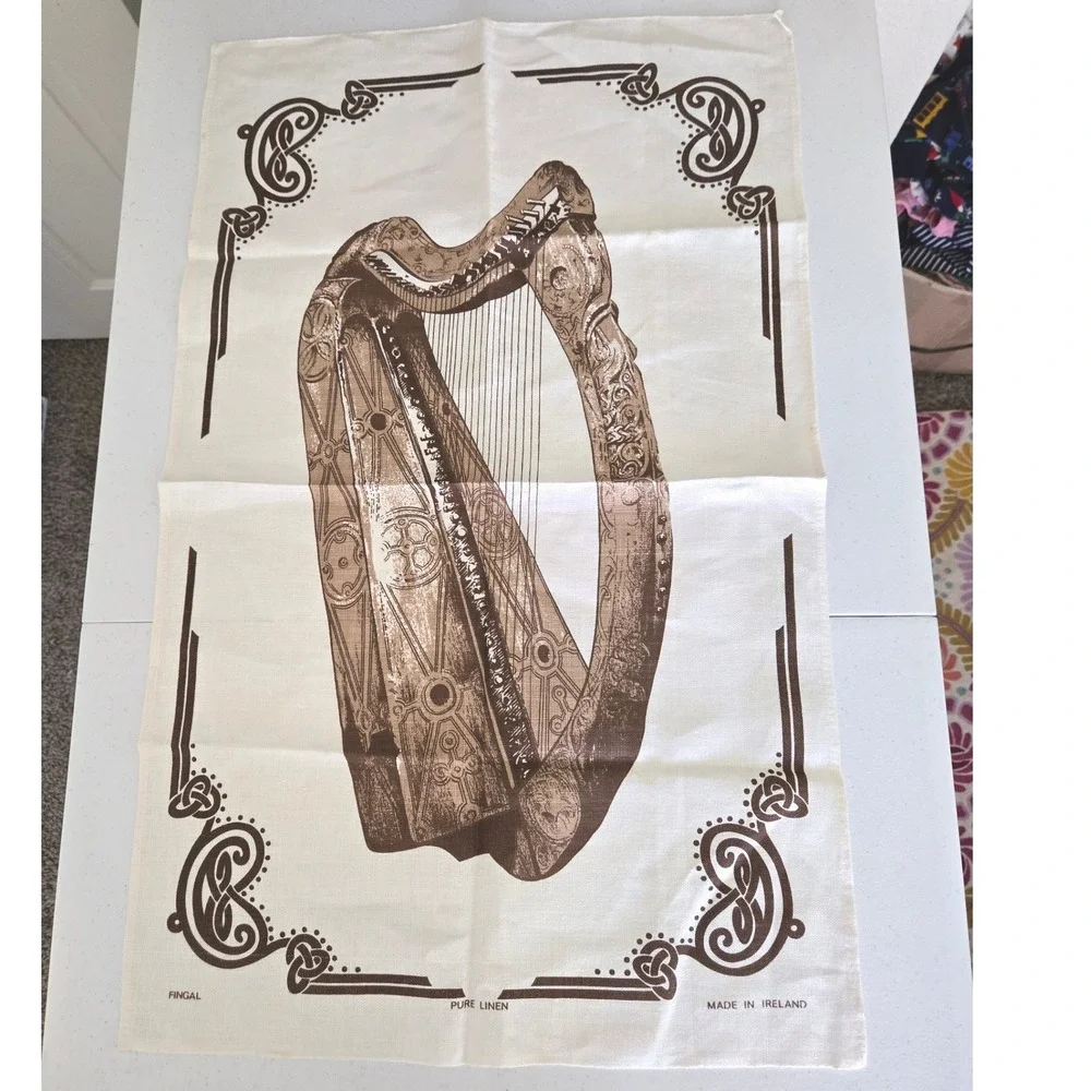 Vintage Fingal Tea Towel Cream Brown Irish Linen Harp Celtic Knot Ireland 18x30